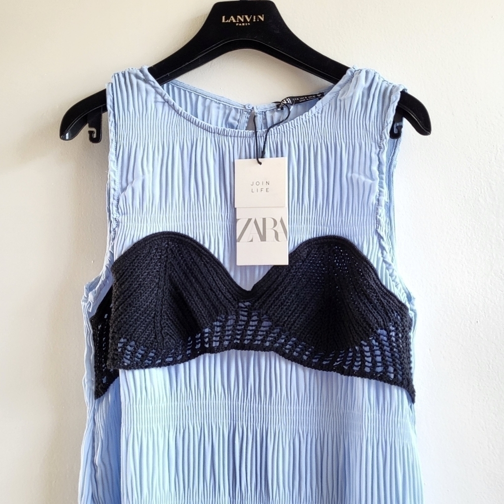 Zara Pleated Crocheted Grecian Crinkle Flowy Maxi Dress NWT Size Small - Picture 13 of 16